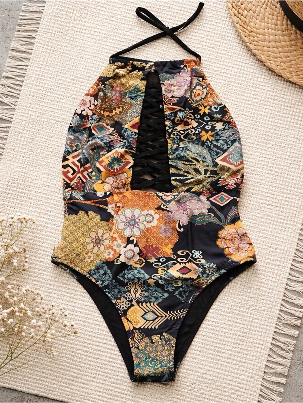 Belles Brazil One-Piece Swimsuit Multicolor Print Lace-Up Halter Cutout